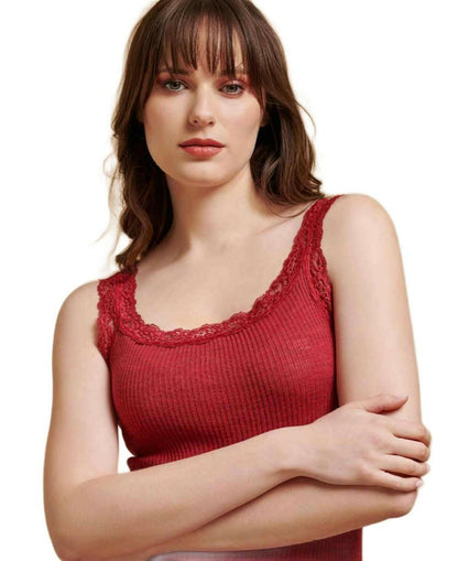 Women's pleated tank top with lace in Wool and Silk - Made in Italy - 1491