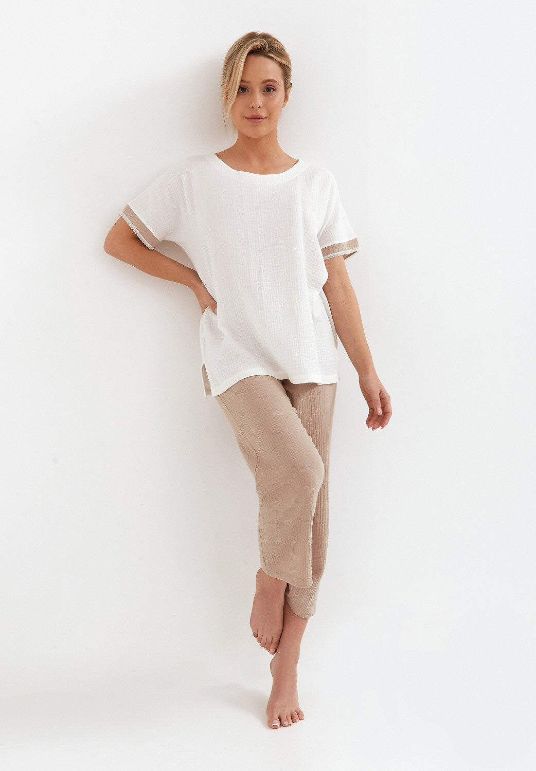 Loungewear estivo da donna in mussola di cotone - POEME - Ecru Beige - 230.