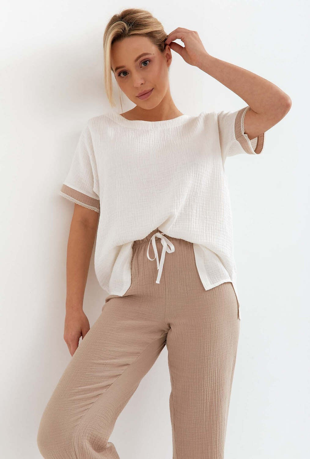 Loungewear estivo da donna in mussola di cotone - POEME - Ecru Beige - 230.