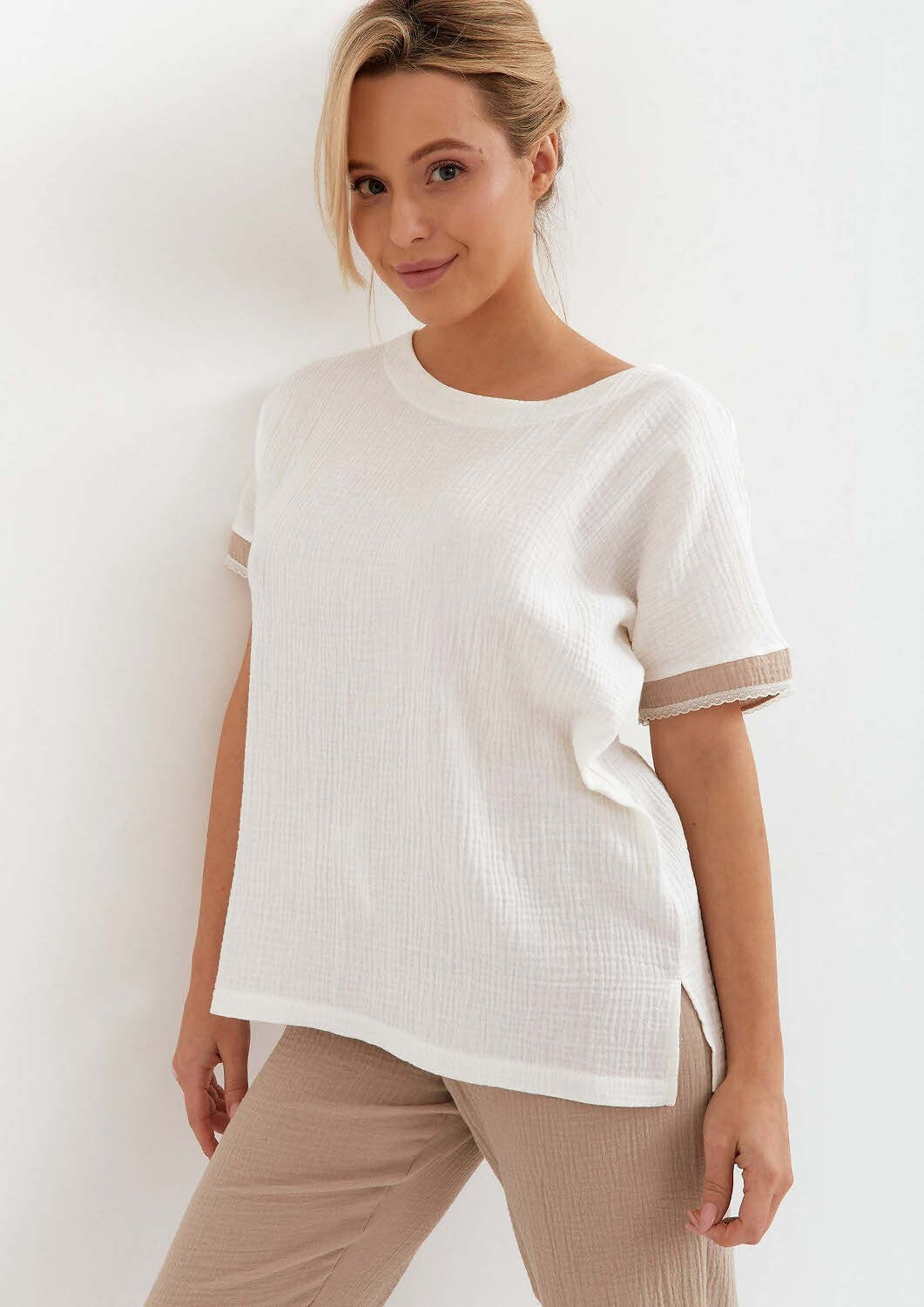 Loungewear estivo da donna in mussola di cotone - POEME - Ecru Beige - 230.