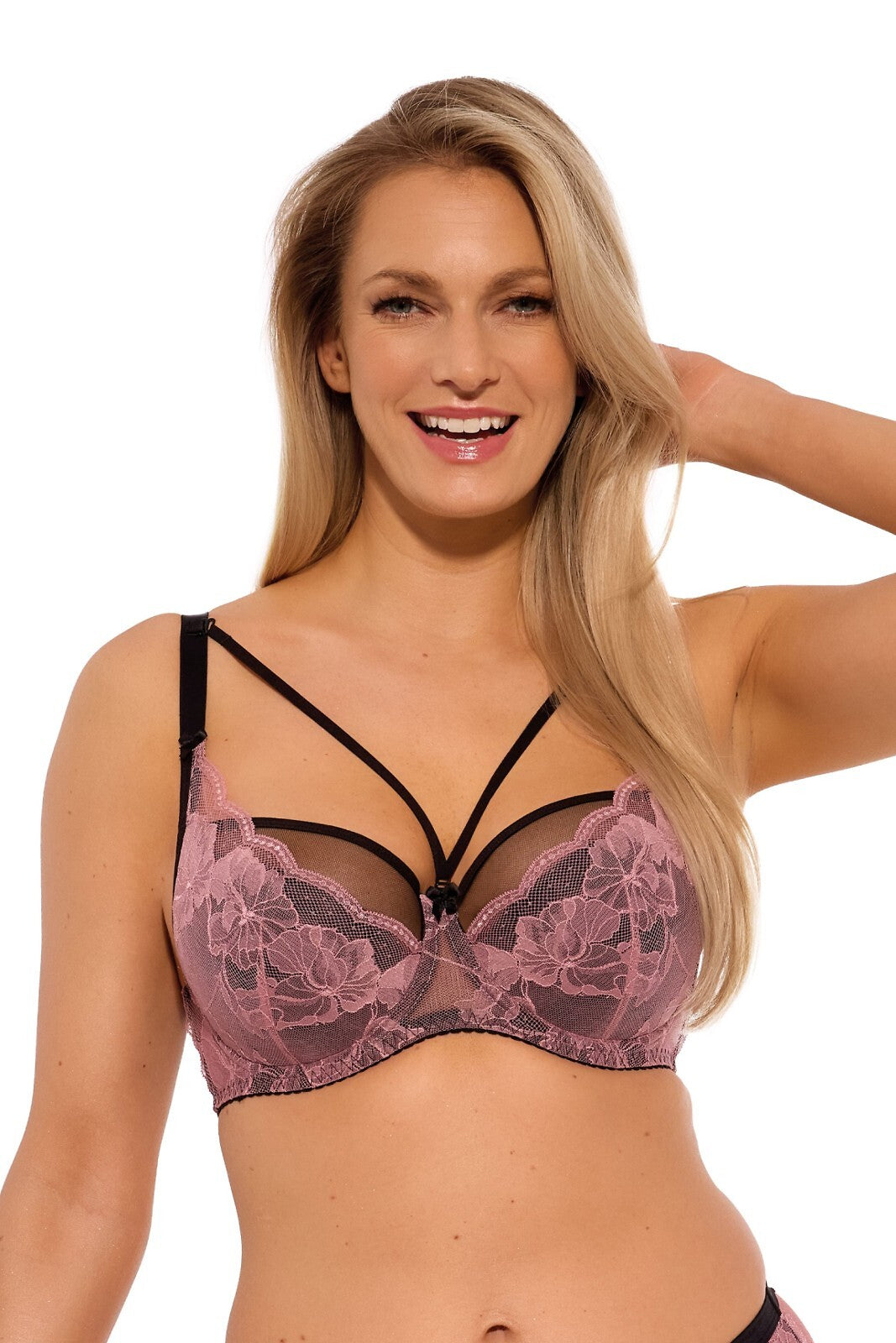 Reggiseno semi soft con ferretto in pizzo rosa cipria, con dettagli in rete e fascia elastica decorativa, per un sostegno naturale e un look raffinato.