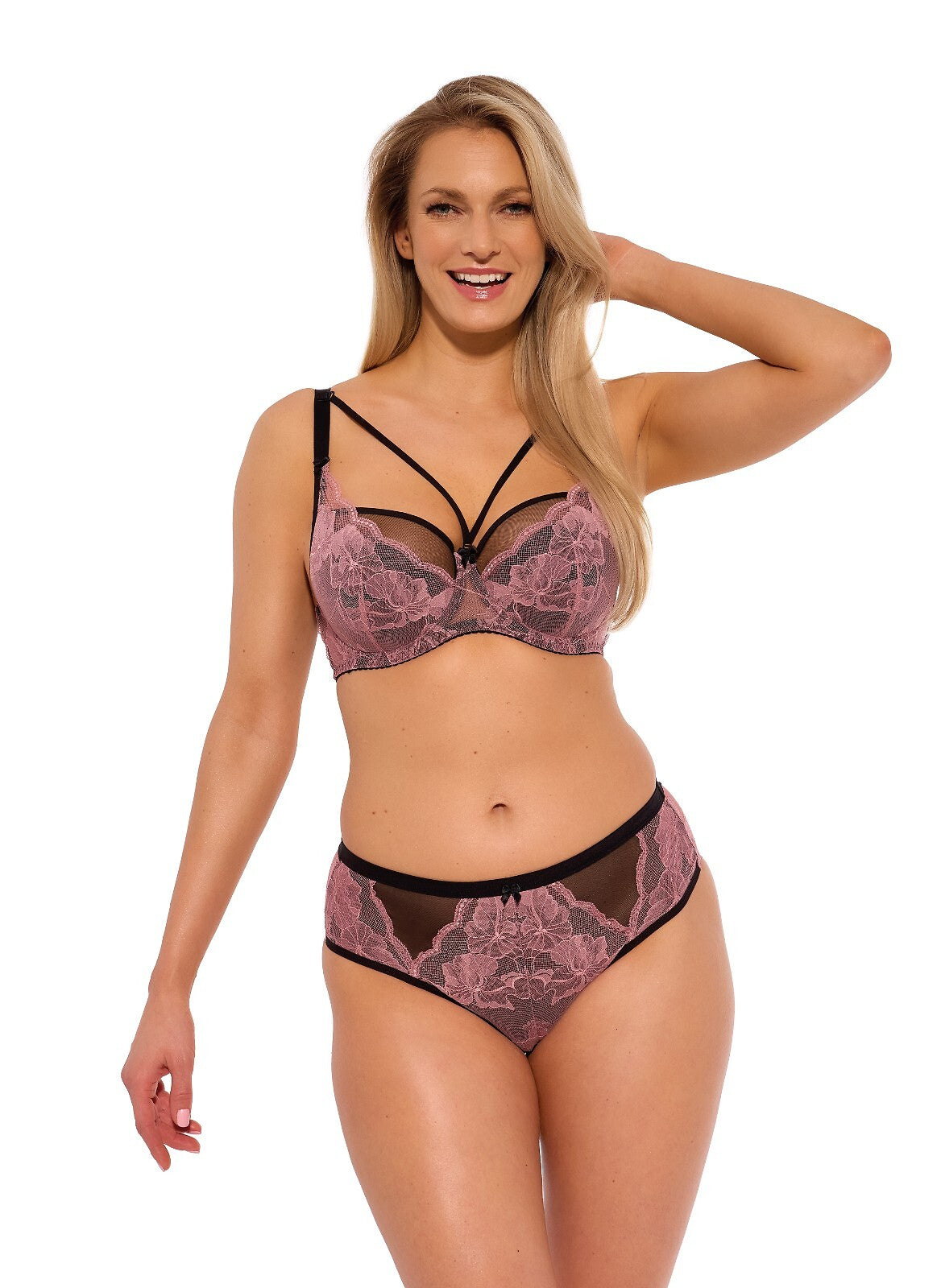 Reggiseno semi soft con ferretto in pizzo rosa cipria, con dettagli in rete e fascia elastica decorativa, per un sostegno naturale e un look raffinato.