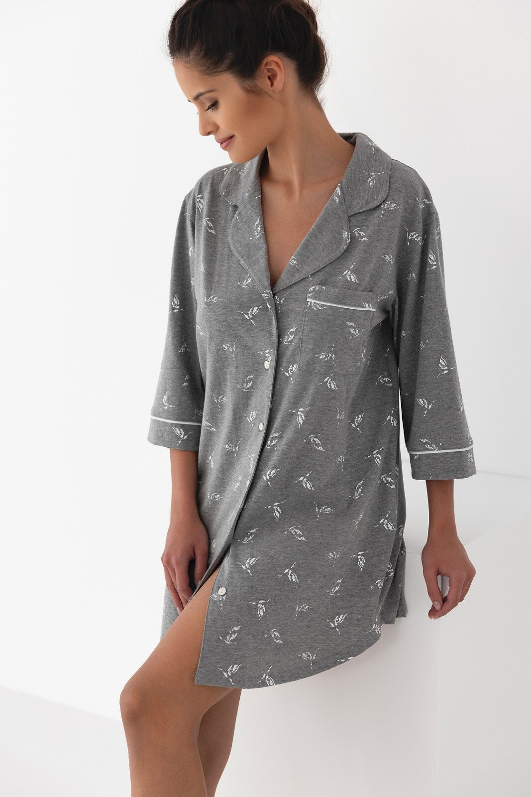 Camicia da notte da donna aperta con bottoni - GREY.