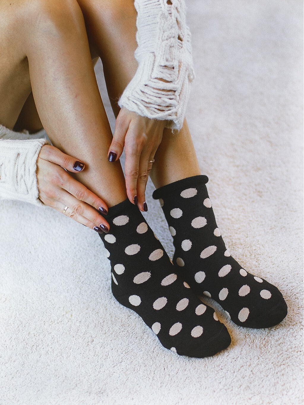 Warm cotton short socks - 0118-007 - polka dot pattern