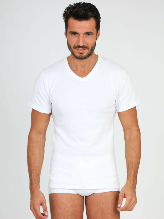 Camiseta de hombre con cuello de pico en FLEECE ALGODÓN y manga corta - Made in Italy - 483