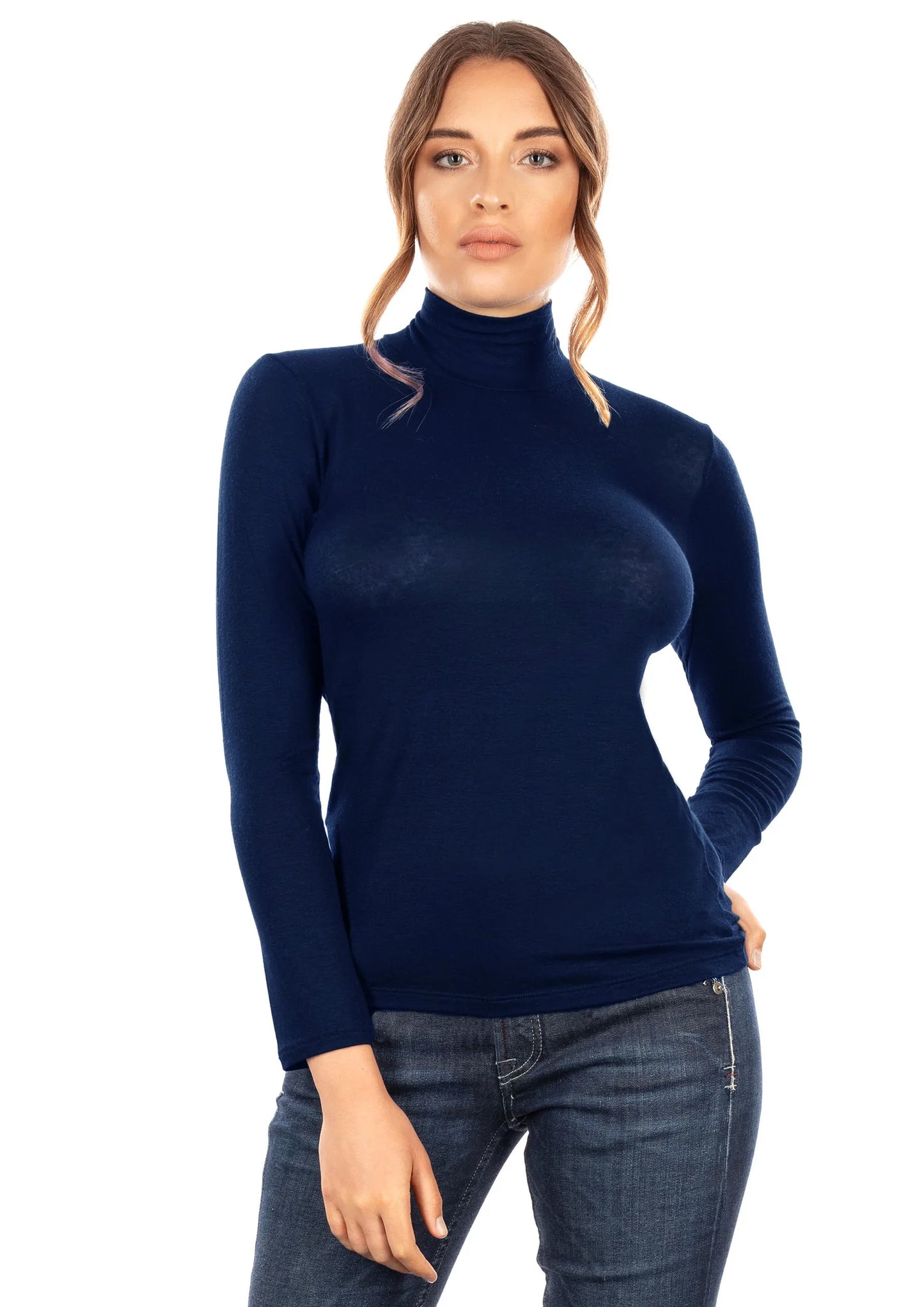 Jersey de mujer de cuello alto y manga larga en Modal y Cashmere ultraligero - Made in Italy - 5249