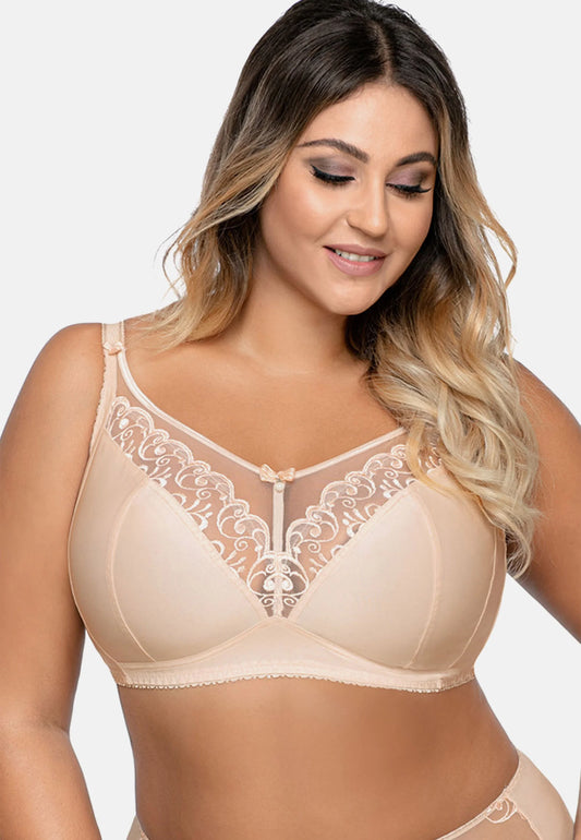 Reggiseno confortevole per seni generosi, con coppe morbide senza ferretto, decorato con pizzo trasparente e coccarda in raso.