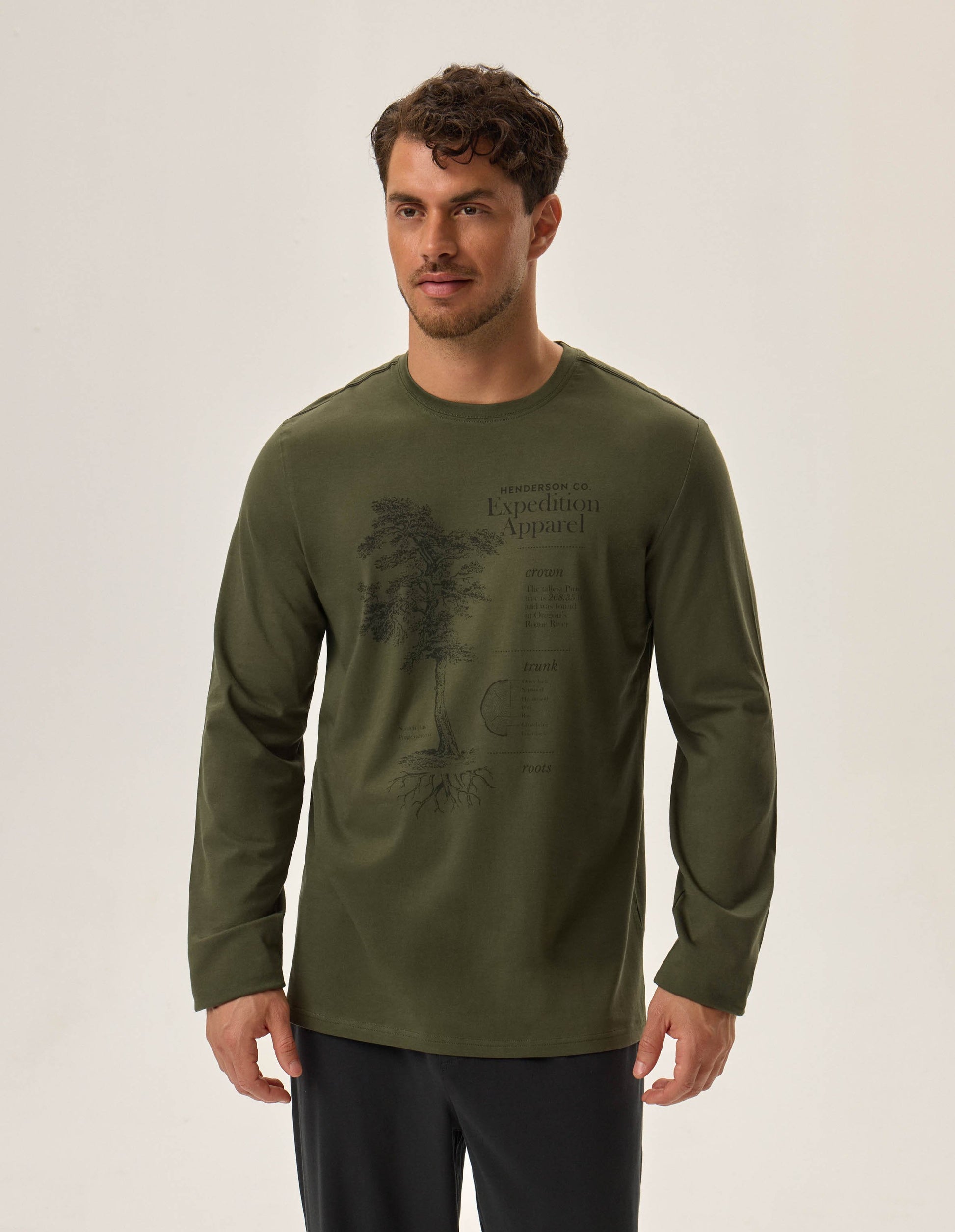 pigiama da uomo a maniche lunghe, realizzato in morbido cotone. Maglia a maniche lunghe verde scuro Scollo rotondo Pantaloni scuri con elastico in vita Composizione: 100% cotone